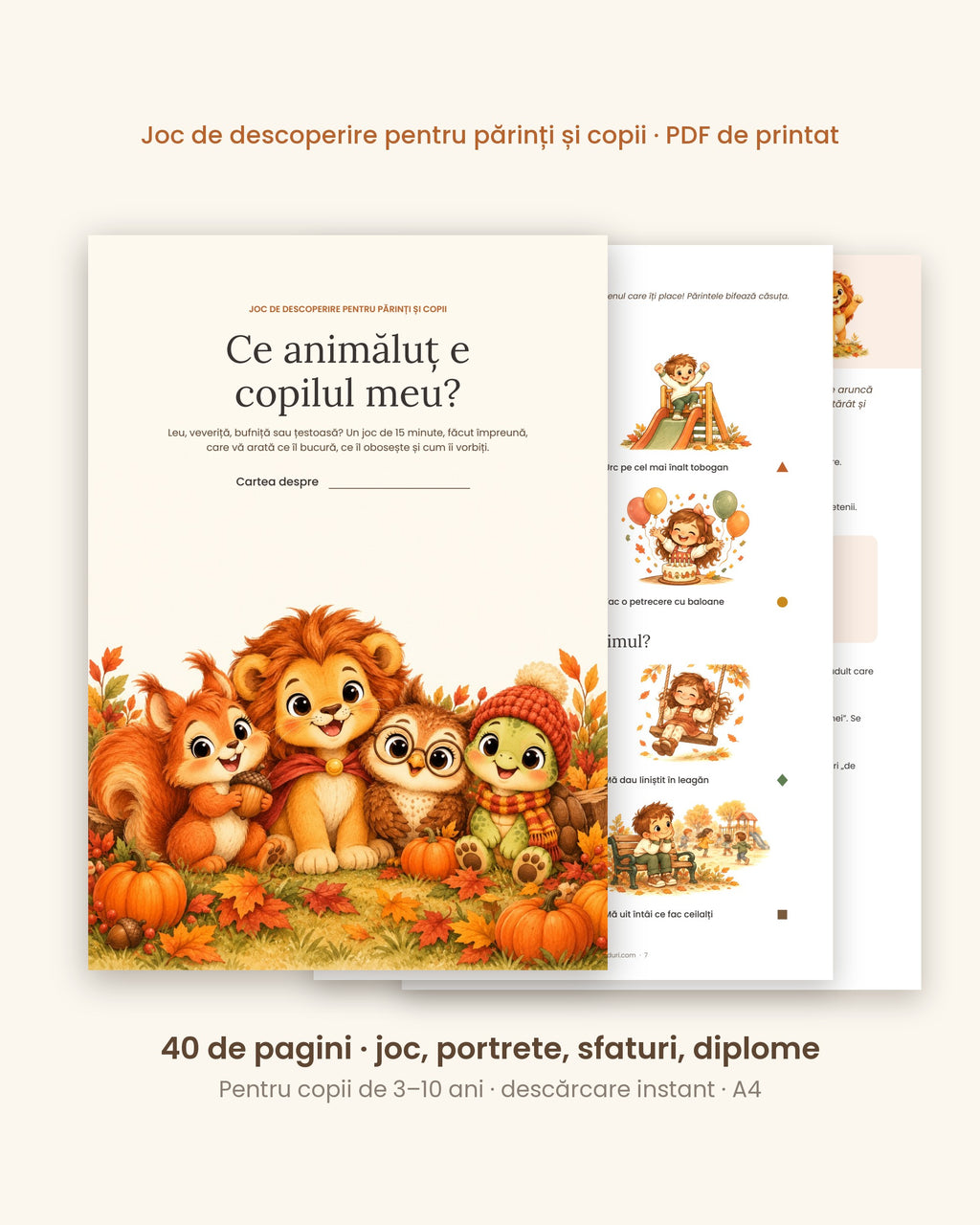 Ce animăluț e copilul meu? — coperta cu leul, veverița, bufnița și țestoasa, plus pagini din joc