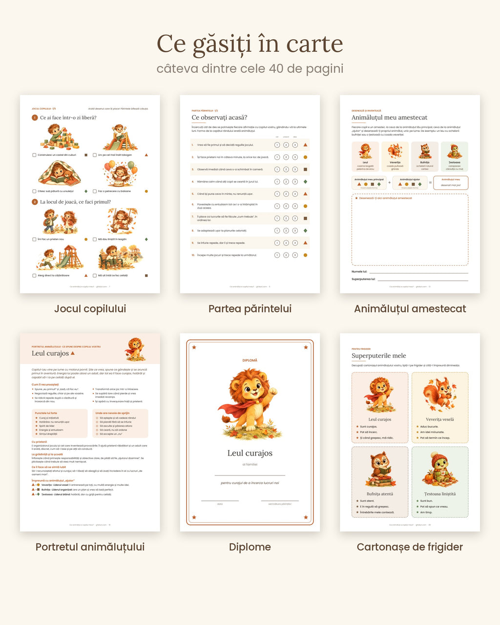 Pagini din carte: jocul copilului, partea părintelui, animăluțul amestecat, portretul, diplome, cartonașe