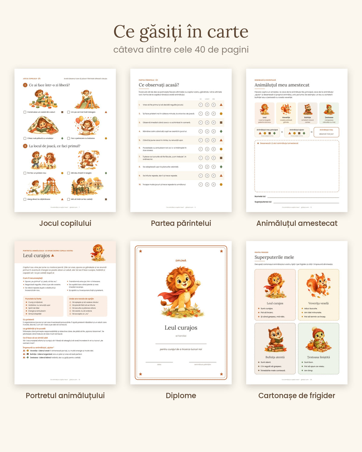 Pagini din carte: jocul copilului, partea părintelui, animăluțul amestecat, portretul, diplome, cartonașe