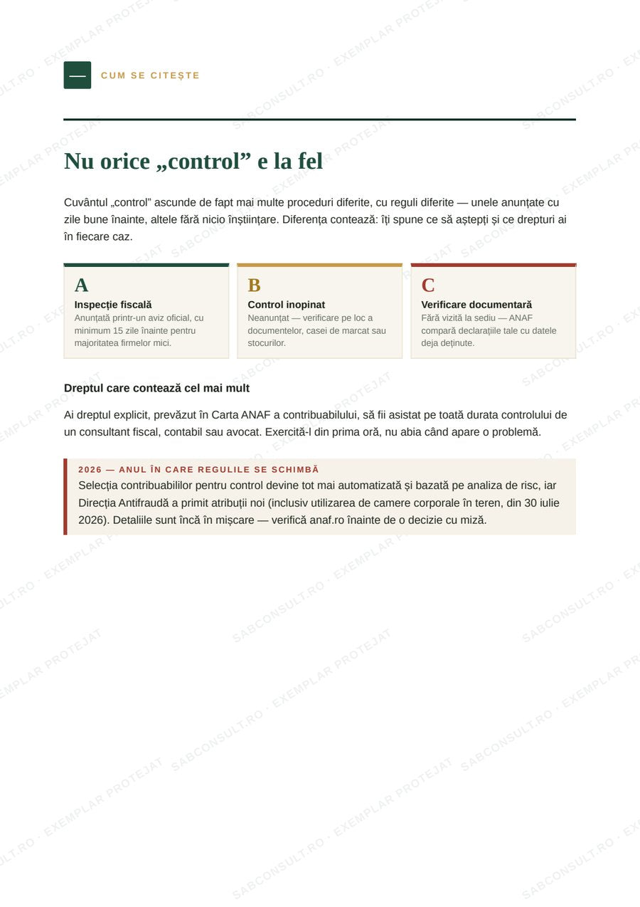 Pagină din ghidul Pregătit pentru Control ANAF