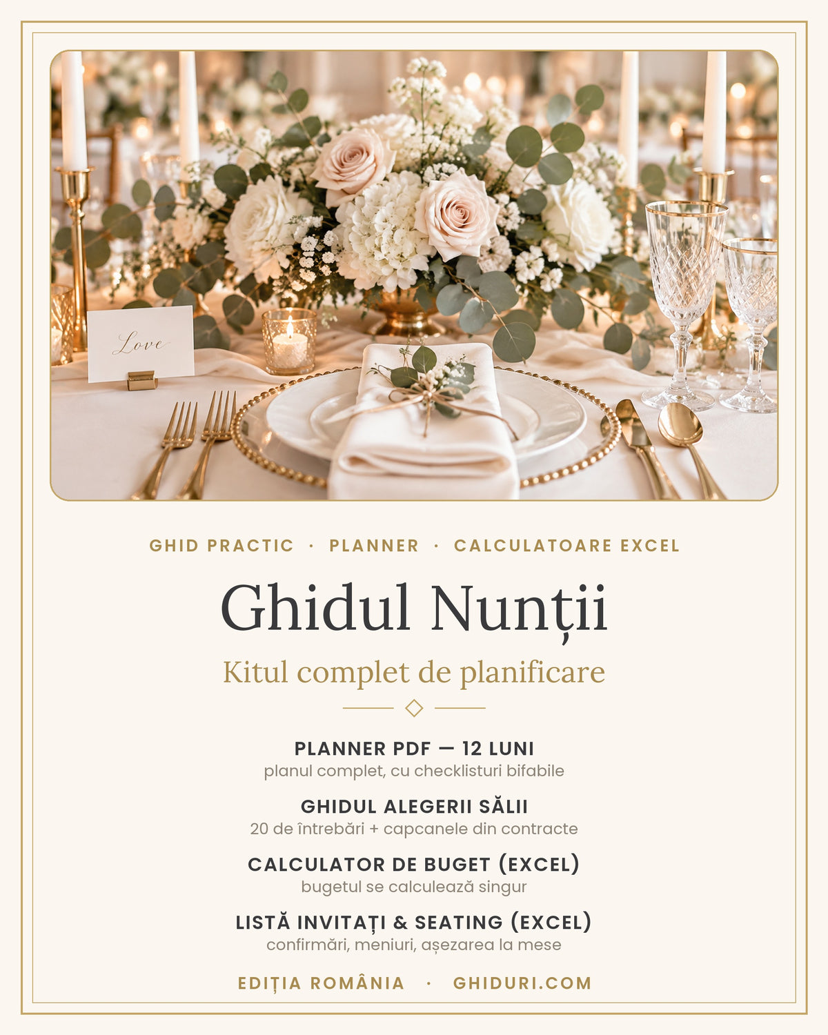 Ghidul Nunții — Kitul complet de planificare: planner PDF, ghidul sălii și calculatoare Excel