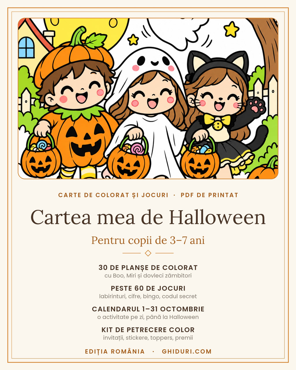 Cartea mea de Halloween — carte de colorat și jocuri pentru copii de 3–7 ani, cu kit de petrecere, PDF de printat