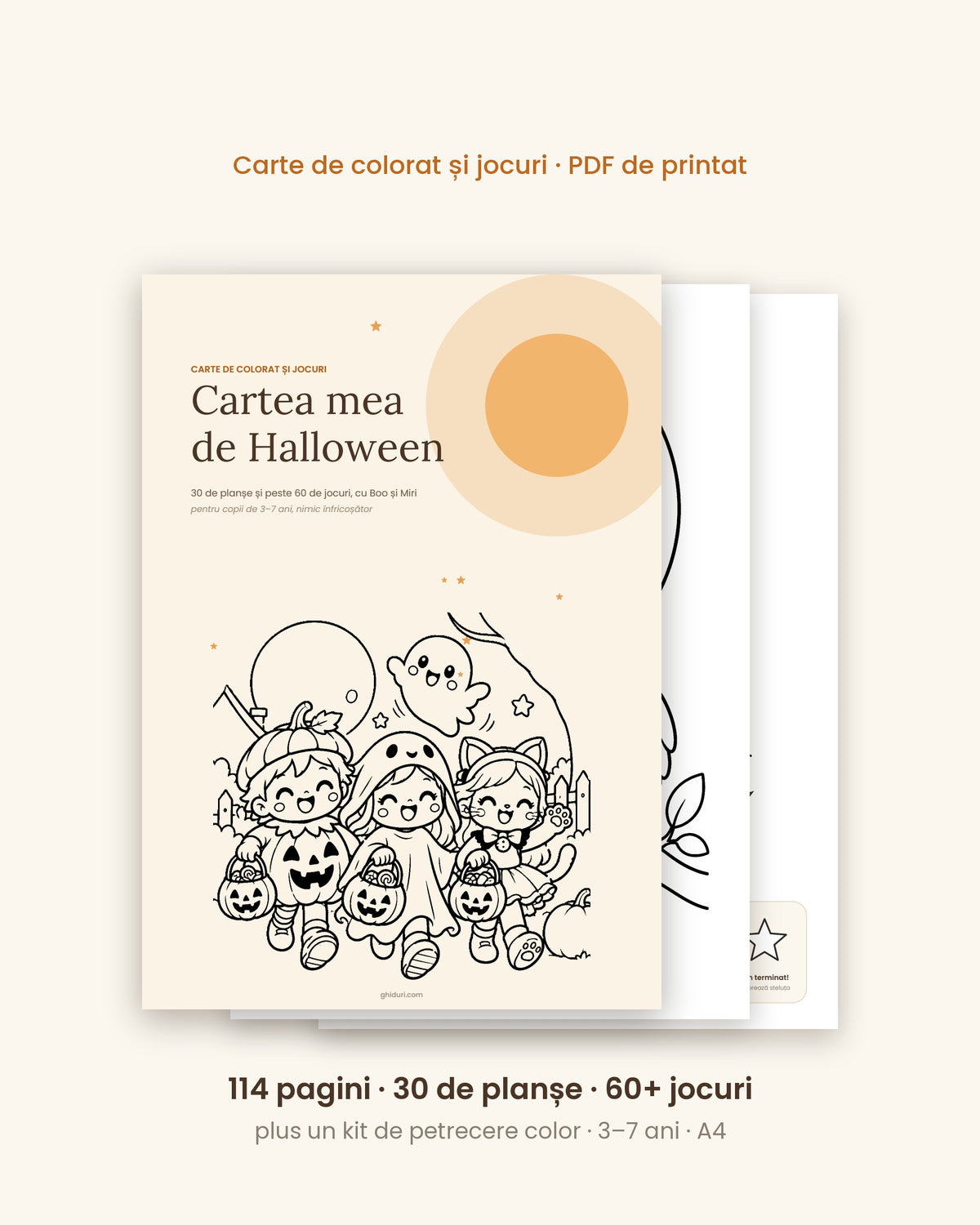 Coperta cărții de Halloween, cu copii costumați și fantomița Boo, plus pagini din interior