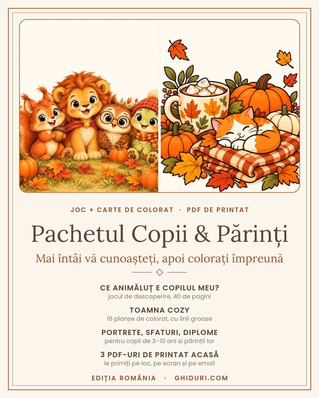 Pachetul Copii & Părinți — jocul „Ce animăluț e copilul meu?” și cartea de colorat „Toamna Cozy”, PDF de printat