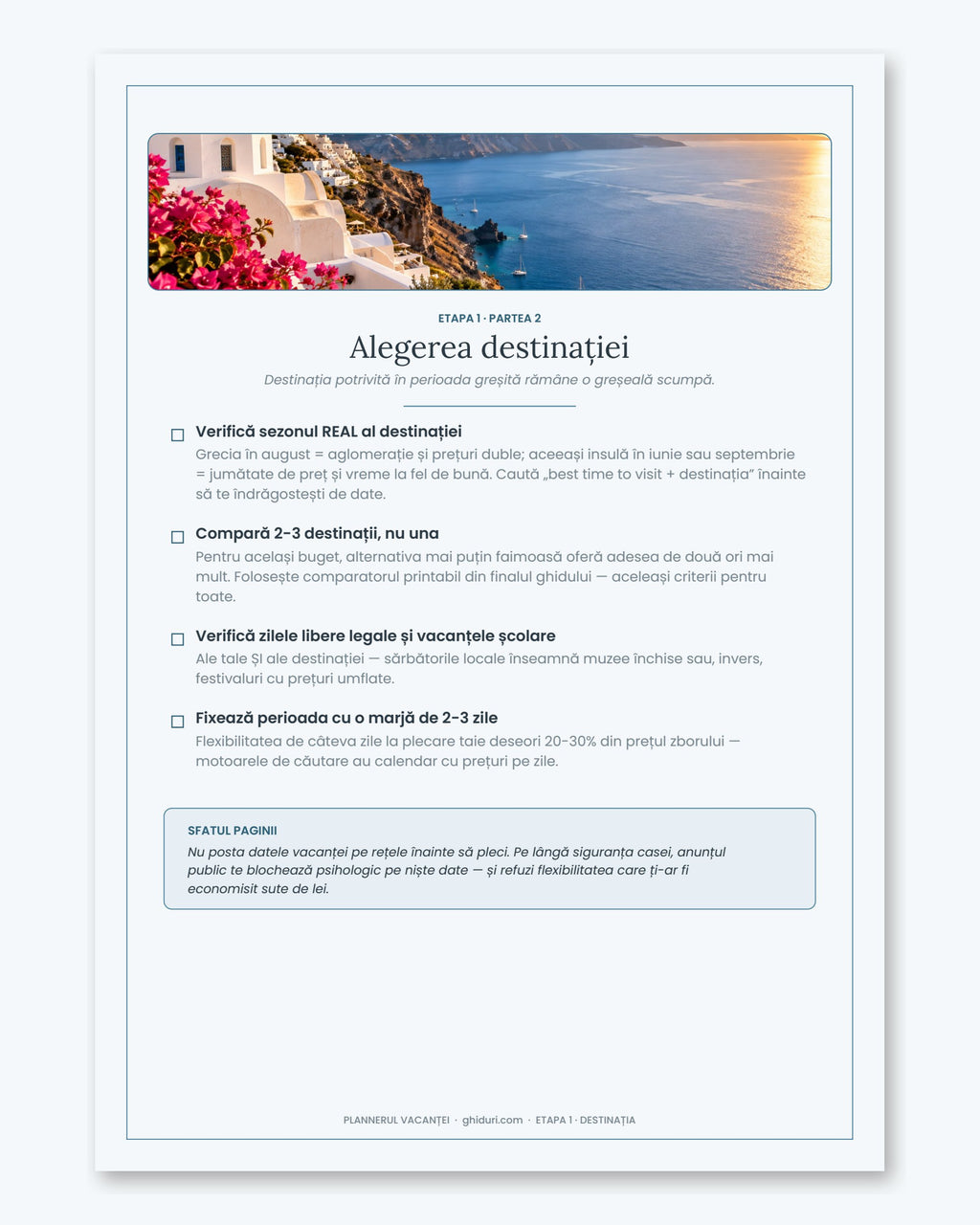 Pagină din Plannerul Vacanței — alegerea destinației