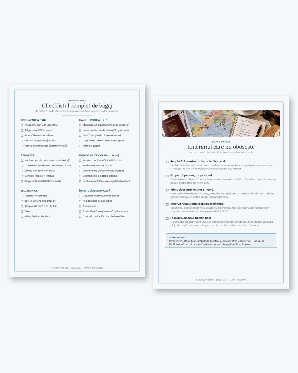 Pagini din Plannerul Vacanței — checklistul de bagaj și itinerariul