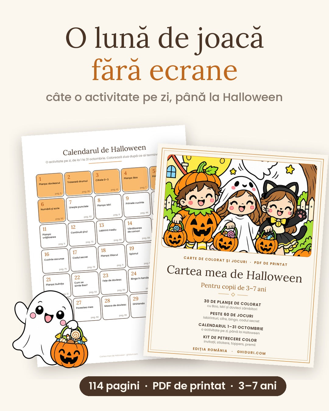 Video: o lună de joacă fără ecrane, câte o activitate pe zi până la Halloween, cu Boo, Miri și kitul de petrecere