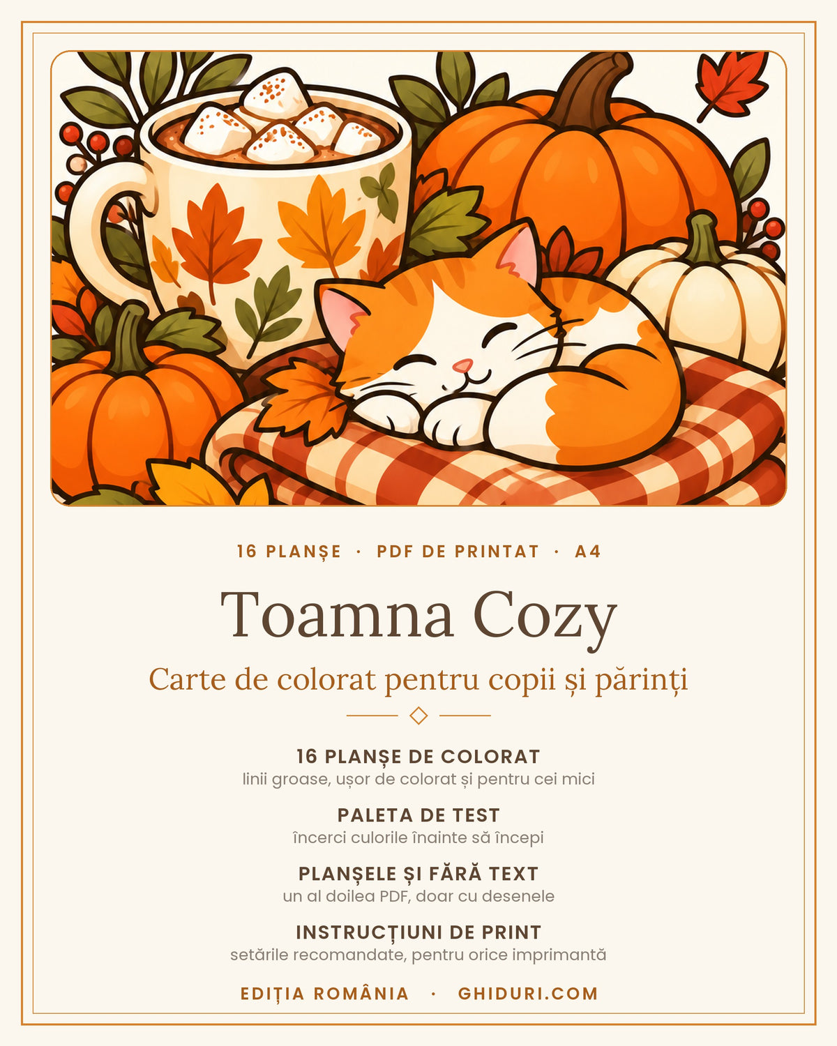 Toamna Cozy — carte de colorat pentru copii și părinți, 16 planșe, PDF de printat