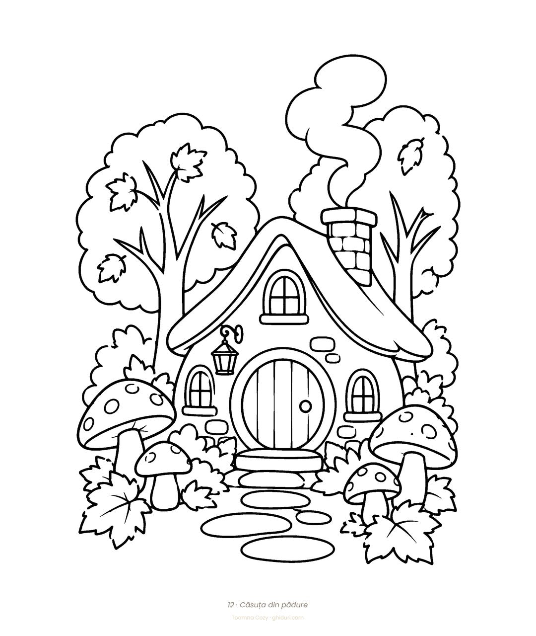 Planșă de colorat din Toamna Cozy: căsuța din pădure cu ciuperci