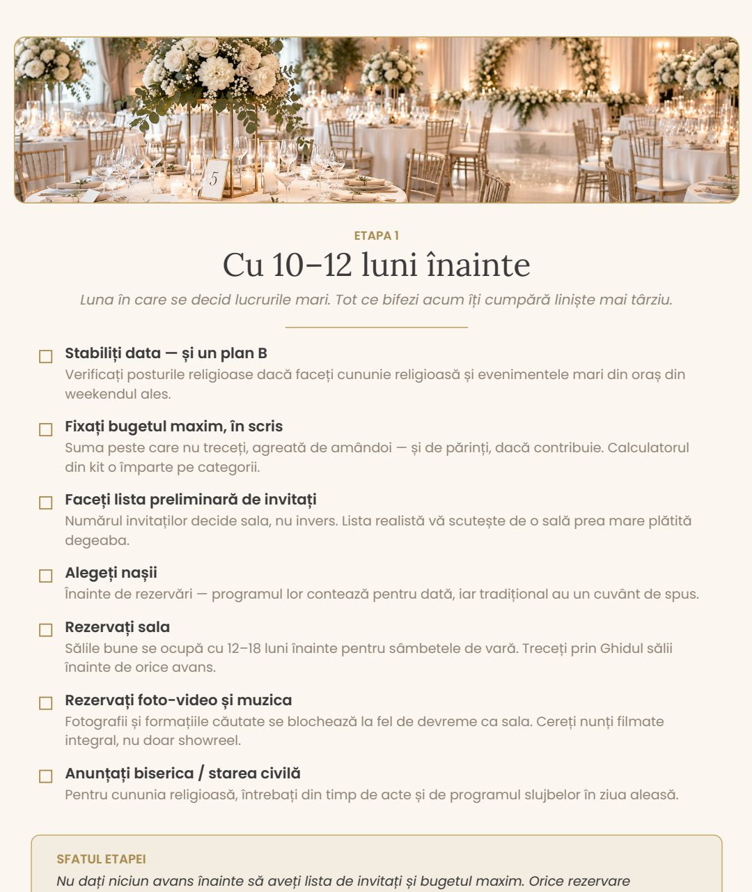 Pagină din Plannerul Nunții: cu 10–12 luni înainte